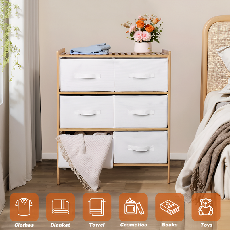 Bamboo Wood Fabric Drawer Storage Cabinet – 6/3 Drawer Organizer for Bedroom, Kids Room & Closet
