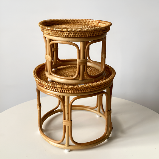 Handmade Rattan Side Table – Round Accent Table for Living Room, Balcony & Snacks Storage