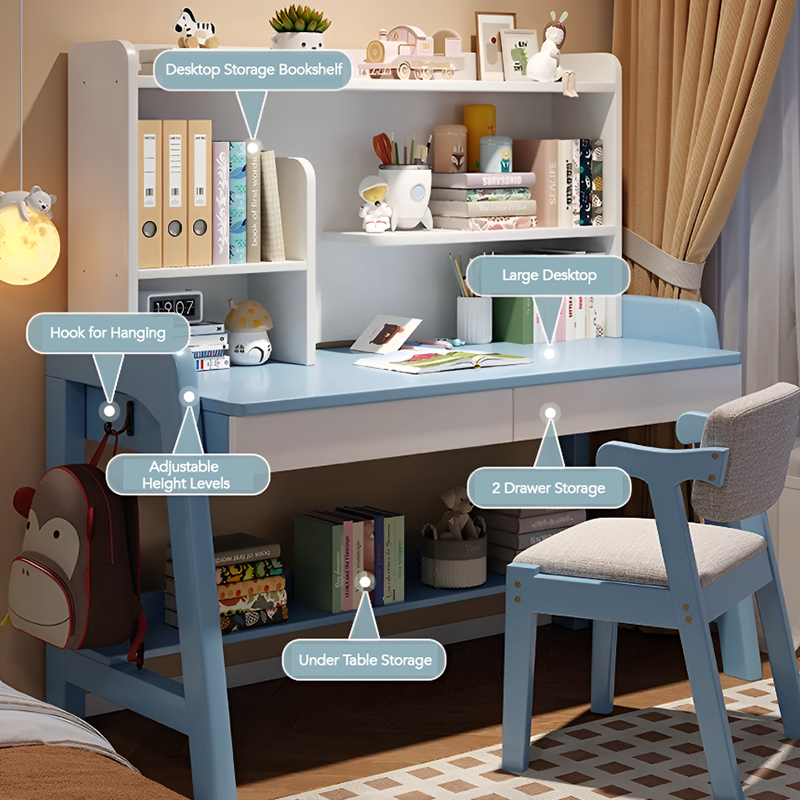 Solid Wood Kids Study Desk and Chair Set with Bookshelf and 2 Storage Drawers, Adjustable Height, 5 Colors, for Home or Bedroom