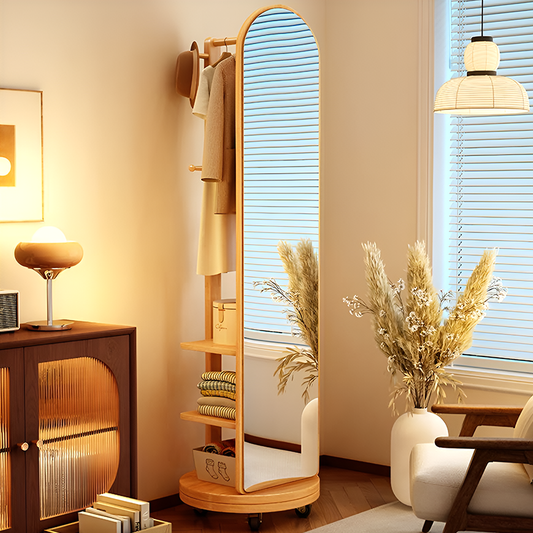 Rotating Full-Length Mirror with Wheels – Solid Wood Corner Wardrobe Stand, Floor Mirror with Coat Rack and Shelves for Bedroom