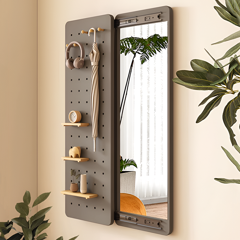 Sliding Full-Length Mirror with Pegboard Storage – 6 Hooks & 3 Display Shelves, Hidden Wall-Mount Design for Entryway or Bedroom