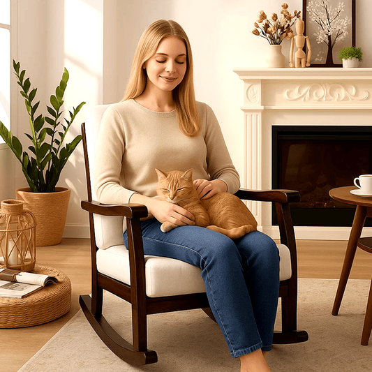 Carbonized Cedar Rocking Chair with Detachable White Cushion – Outdoor & Indoor Rustic Wooden Lounge Chair