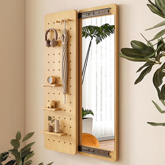 Sliding Full-Length Mirror with Pegboard Storage – 6 Hooks & 3 Display Shelves, Hidden Wall-Mount Design for Entryway or Bedroom