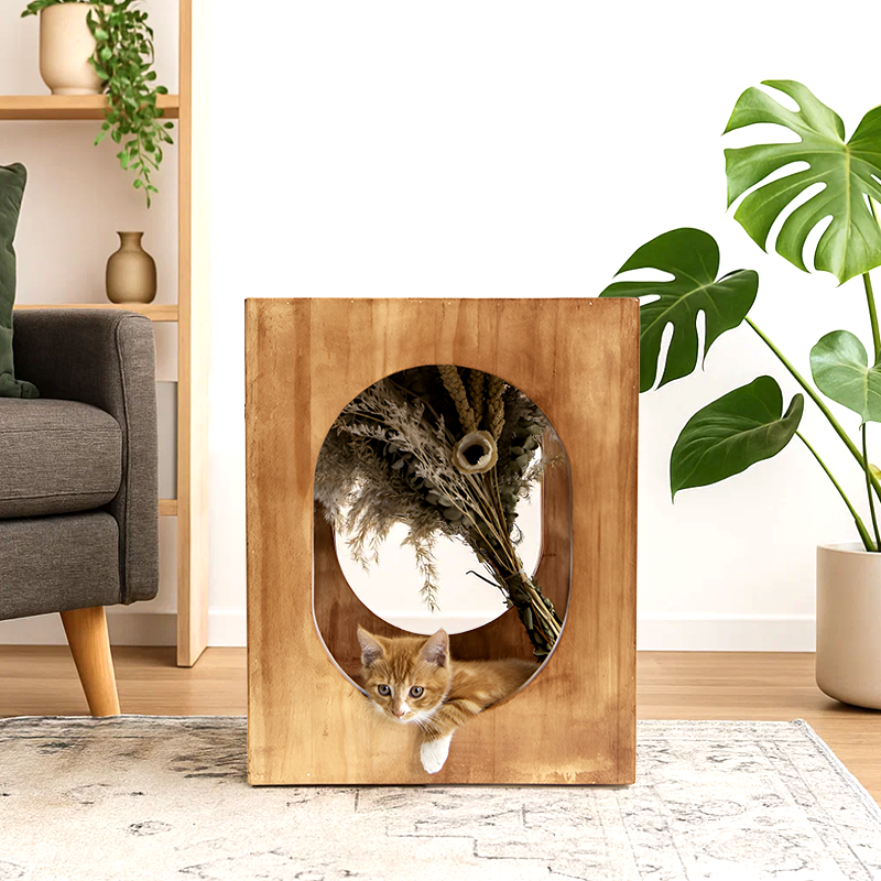 Modern Solid Wood Side Table with Hidden Cat Bed – Nordic Style Furniture for Living Room or Bedroom