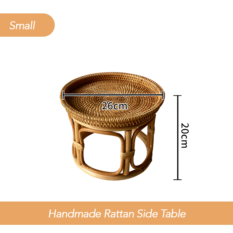 Handmade Rattan Side Table – Round Accent Table for Living Room, Balcony & Snacks Storage