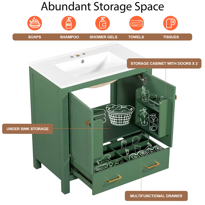 Modern Bathroom Vanity with Sink – Solid Wood Cabinet with Drawer & Soft-Close Doors, Undermount Combo Sink & Ample Storage