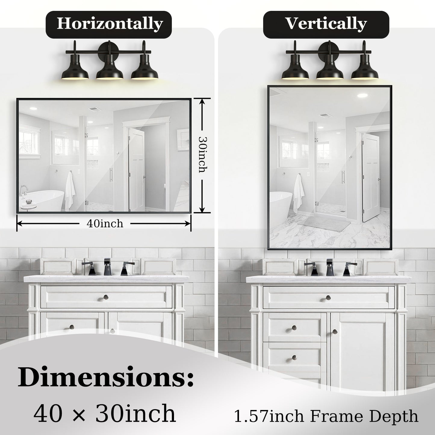 40x30 Inch Black Vanity Mirror – Glossy Framed Bathroom Wall Mirror, Horizontal & Vertical Mounting