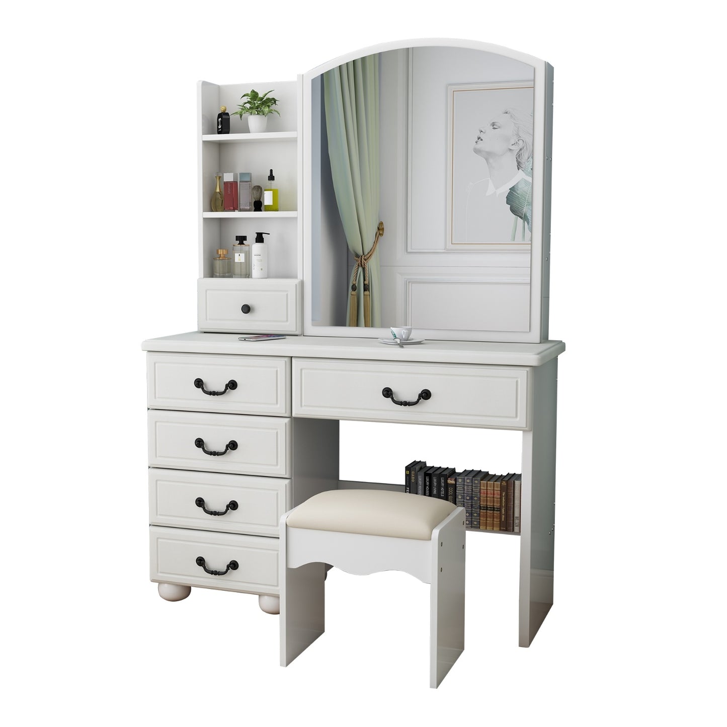 White Vanity Desk with Mirror & LED Lights – Makeup Table Set with 6 Drawers, Adjustable 3-Color Lighting & Storage Shelves