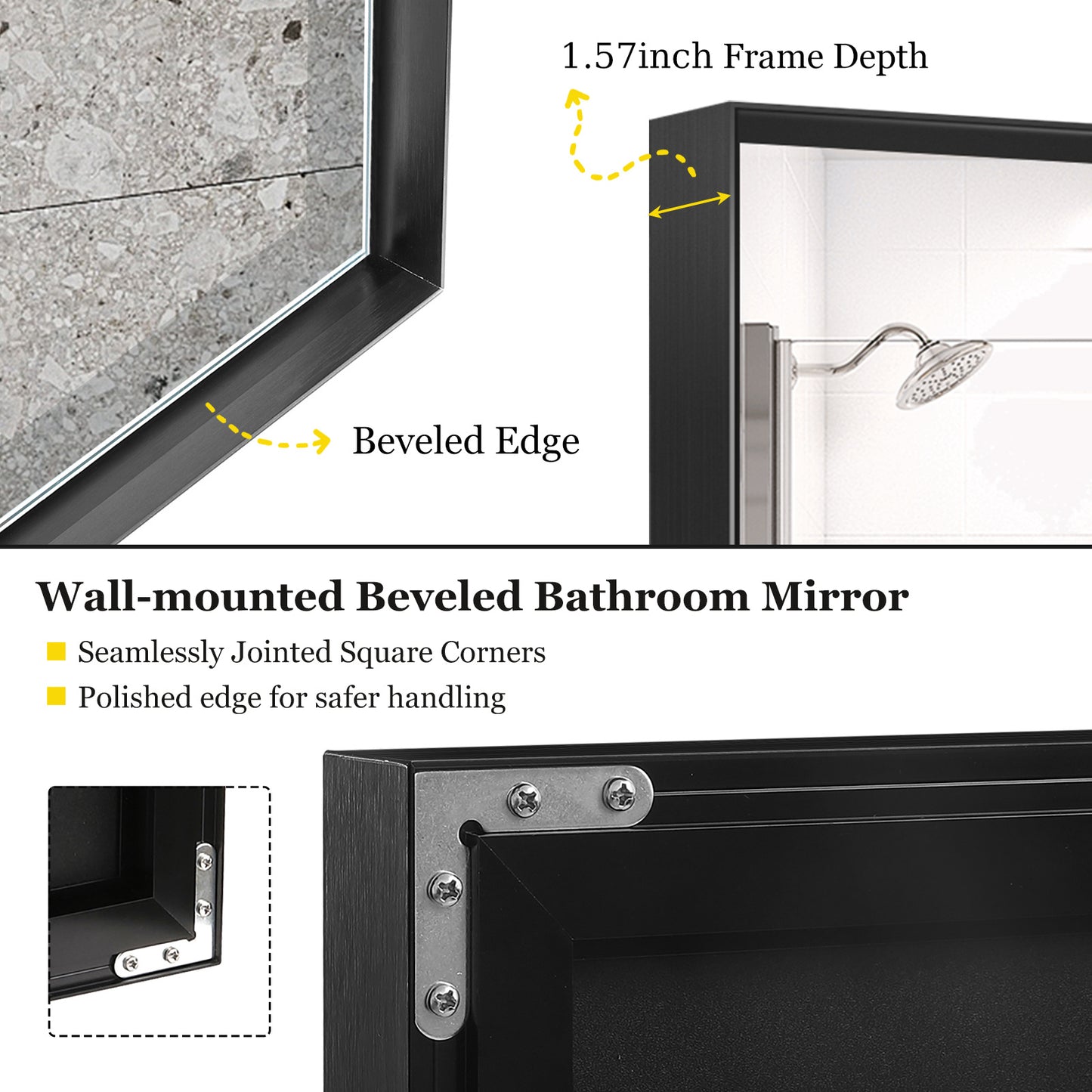 40x30 Inch Black Vanity Mirror – Glossy Framed Bathroom Wall Mirror, Horizontal & Vertical Mounting