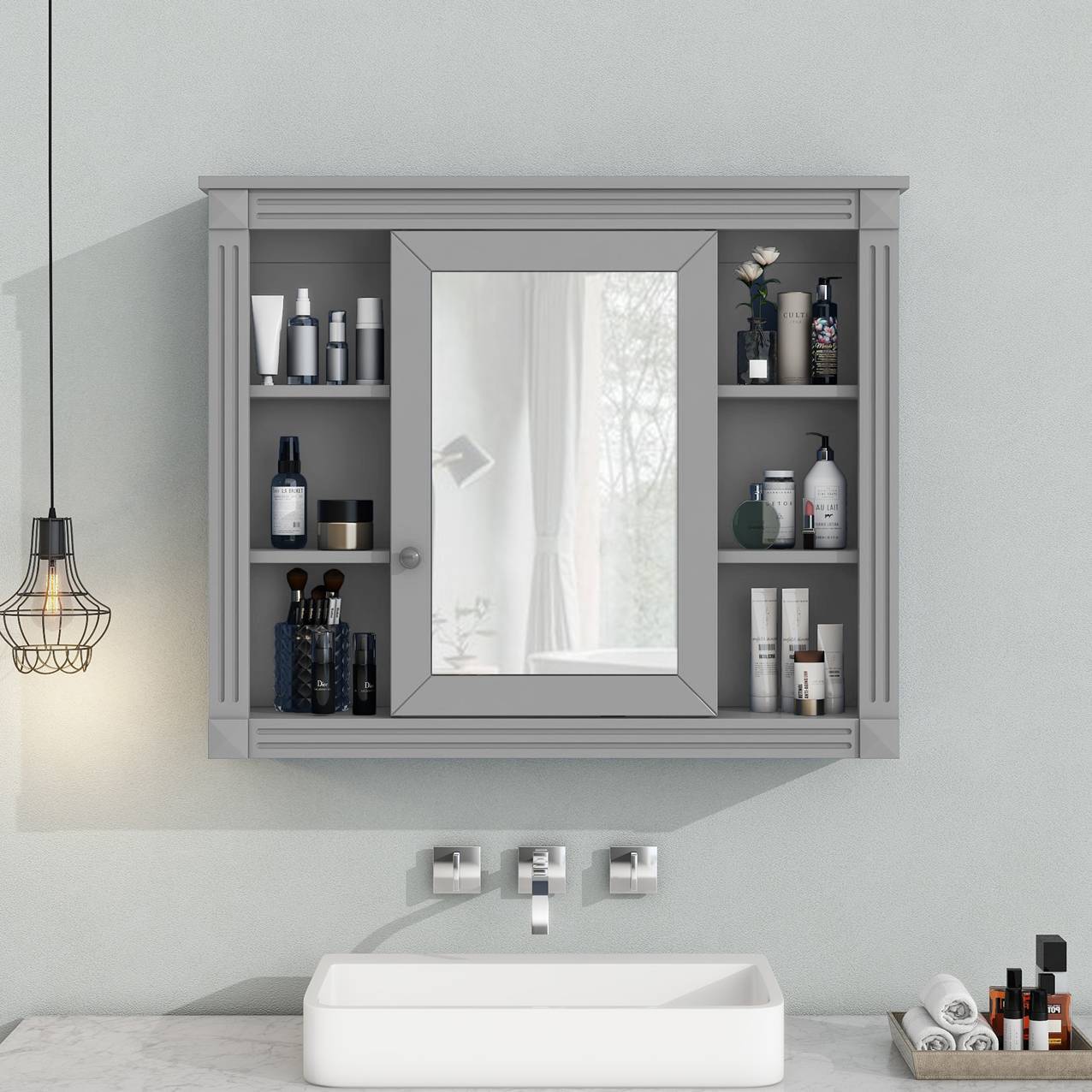 Wall Mounted Bathroom Storage Cabinet with Mirror – 8-Compartment Organizer for Toiletries & Essentials