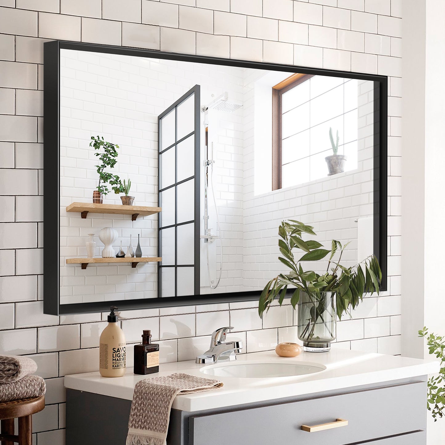40x30 Inch Black Vanity Mirror – Glossy Framed Bathroom Wall Mirror, Horizontal & Vertical Mounting