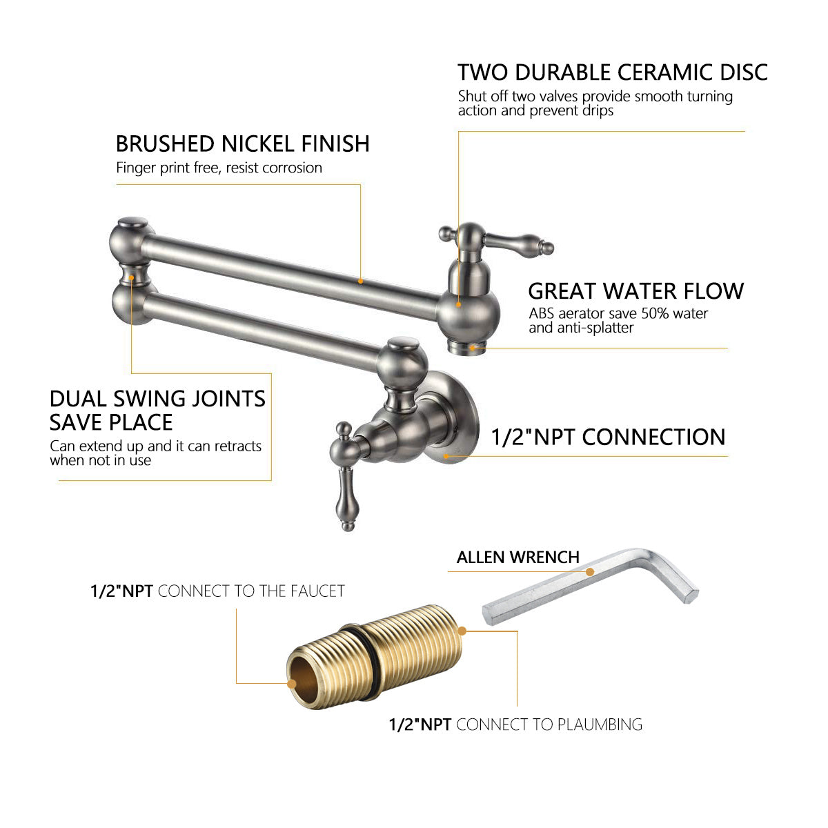 Wall-Mount Pot Filler Faucet – Retractable Folding Kitchen Tap