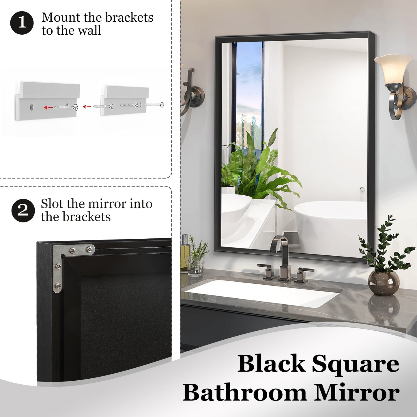 40x30 Inch Black Vanity Mirror – Glossy Framed Bathroom Wall Mirror, Horizontal & Vertical Mounting