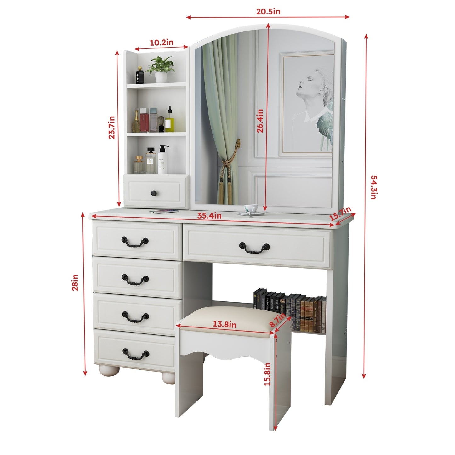 White Vanity Desk with Mirror & LED Lights – Makeup Table Set with 6 Drawers, Adjustable 3-Color Lighting & Storage Shelves
