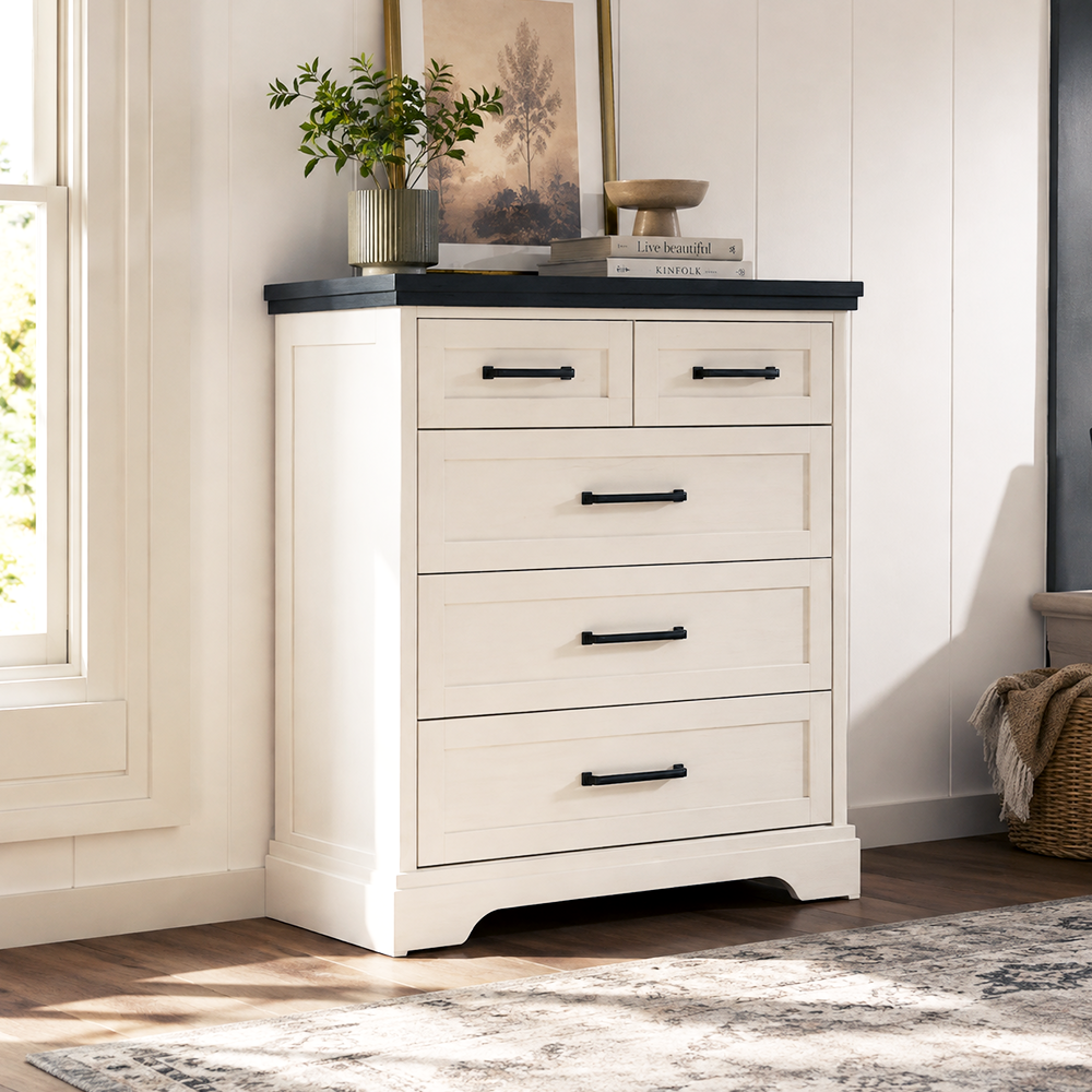 5-Drawer Chest of Drawers - Black & White Solid Wood Storage Cabinet