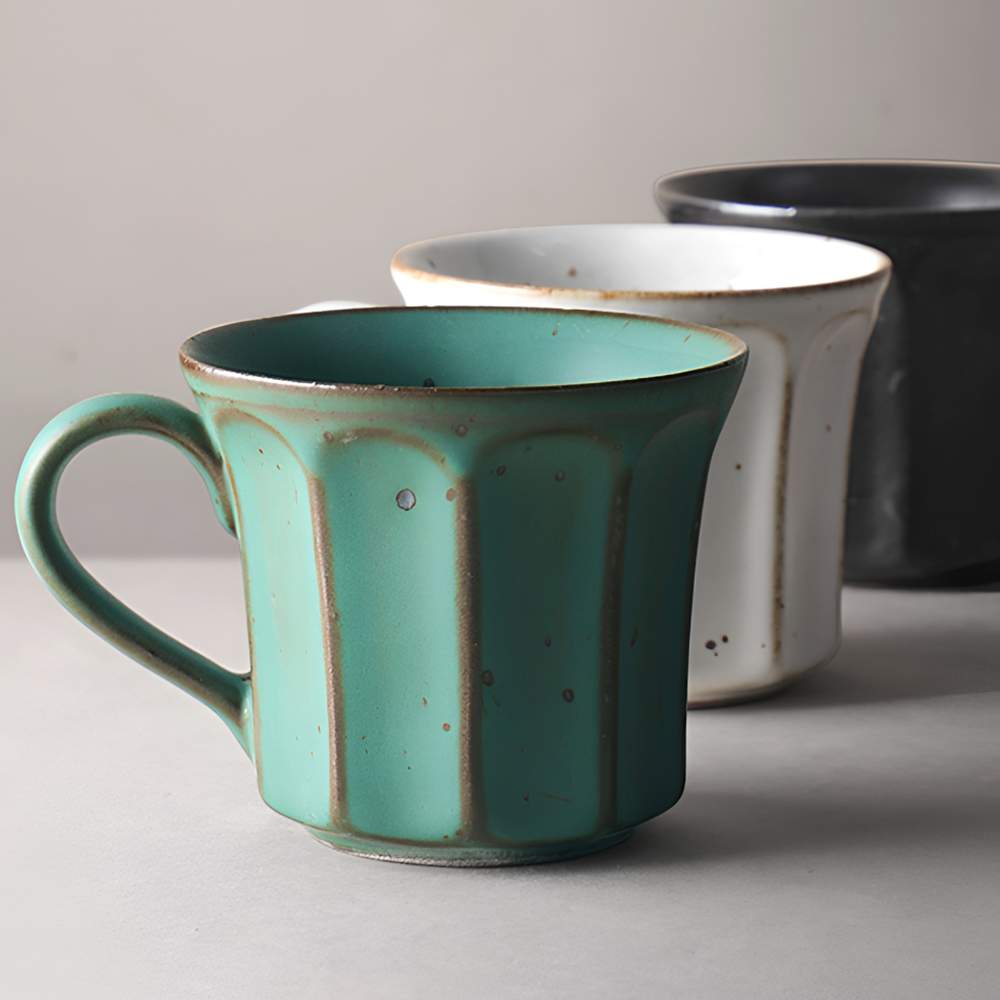 Handmade Stoneware Coffee Mug – Rustic Vintage Glazed Ceramic with Vertical Groove Design