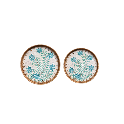 Handmade Rattan and Shell Mosaic Trays – Set of 2 - Coastal Boho Decorative Serving Trays