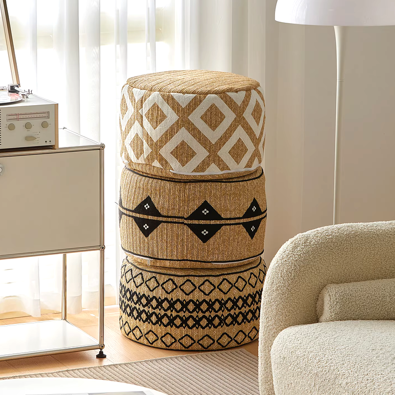 Embroidered Moroccan Pouf Ottoman – Geometric Boho Floor Stool