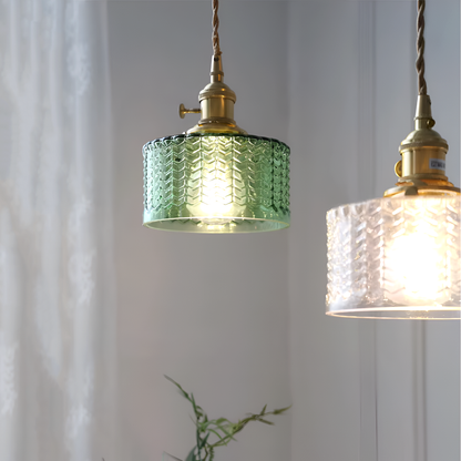 Vintage Brass Herringbone Glass Pendant Light – Retro Japanese Style Hanging Lamp