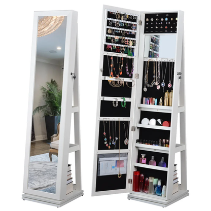 Full Length Mirror Jewelry Cabinet – 360° Swivel Standing Armoire with Storage, Shelves and Lock