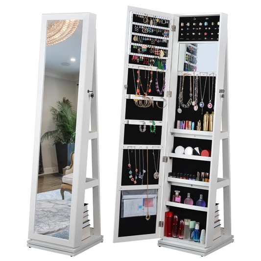 Full Length Mirror Jewelry Cabinet – 360° Swivel Standing Armoire with Storage, Shelves and Lock