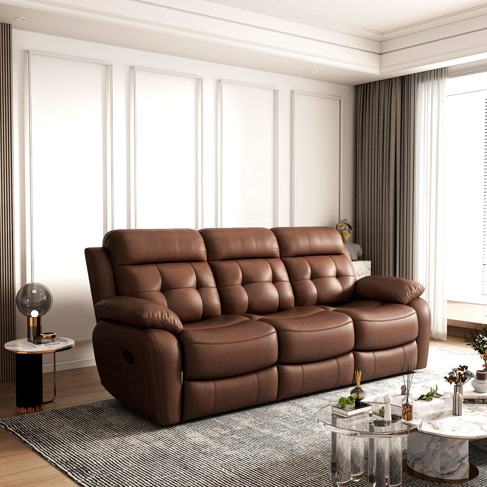 Genuine Leather Manual Reclining 3-Seater Sofa with Drop-Down Table, Cup Holders & Storage