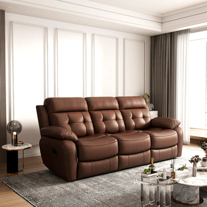 Genuine Leather Manual Reclining 3-Seater Sofa with Drop-Down Table, Cup Holders & Storage
