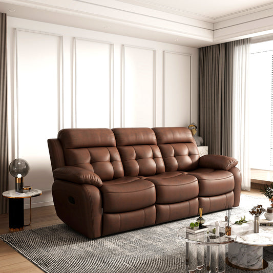 Genuine Leather Manual Reclining 3-Seater Sofa with Drop-Down Table, Cup Holders & Storage