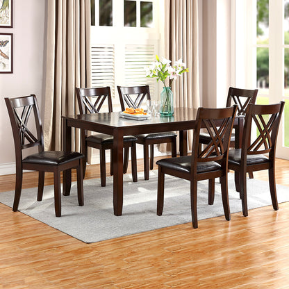 7-Piece Dining Set – Espresso Rectangular Table with 6 X-Back Cushioned Chairs – Solid Rubberwood Dining Room Furniture with Faux Leather Upholstery