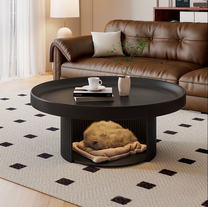 Modern Round Coffee Table with Built-In Pet Bed – 75cm French Retro Style Low Table for Living Room
