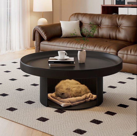 Modern Round Coffee Table with Built-In Pet Bed – 75cm French Retro Style Low Table for Living Room