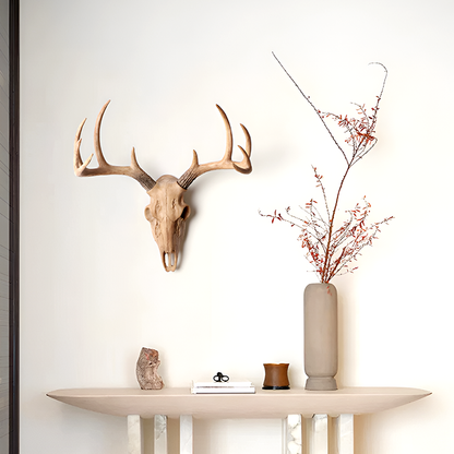 Antique-Style Buck Horn Skull Wall Decor - Rustic Resin Hunting Ornament