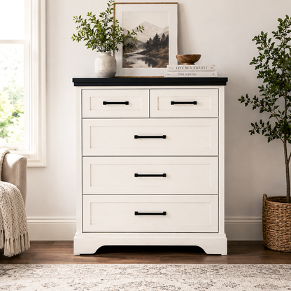 5-Drawer Chest of Drawers - Black & White Solid Wood Storage Cabinet