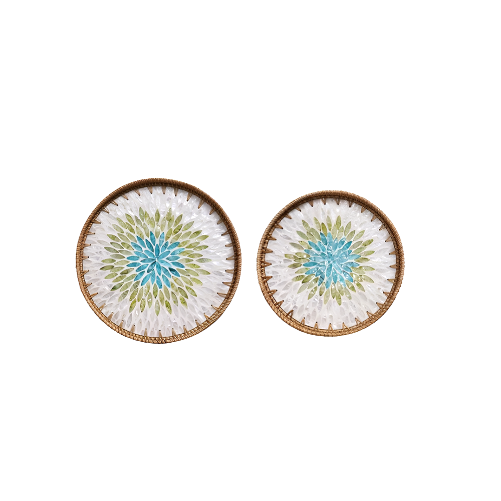 Handmade Rattan and Shell Mosaic Trays – Set of 2 - Coastal Boho Decorative Serving Trays