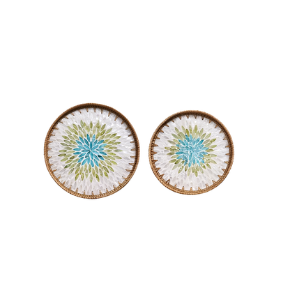 Handmade Rattan and Shell Mosaic Trays – Set of 2 - Coastal Boho Decorative Serving Trays