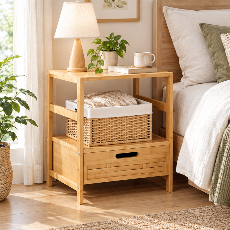 Solid Bamboo Wood Bedside Table with Drawer, Modern Nightstand