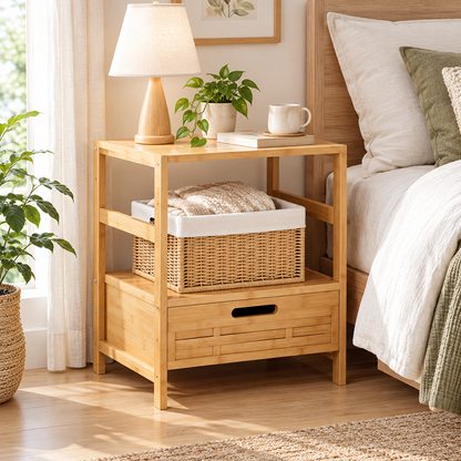 Solid Bamboo Wood Bedside Table with Drawer, Modern Nightstand