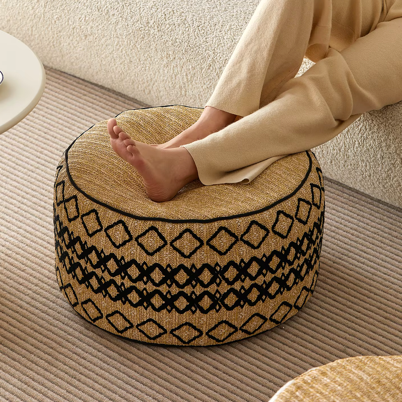 Embroidered Moroccan Pouf Ottoman – Geometric Boho Floor Stool