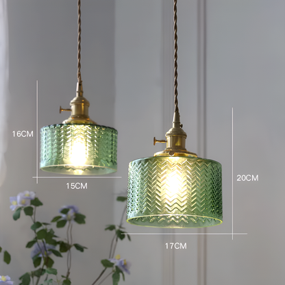 Vintage Brass Herringbone Glass Pendant Light – Retro Japanese Style Hanging Lamp