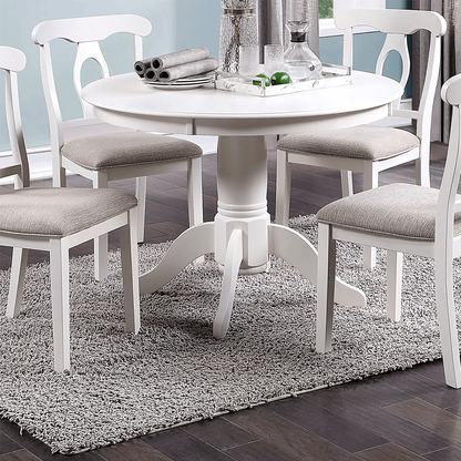 5-Piece White Round Dining Set – Classic Rubberwood Table & 4 Cushioned Chairs – Modern Farmhouse Kitchen Furniture