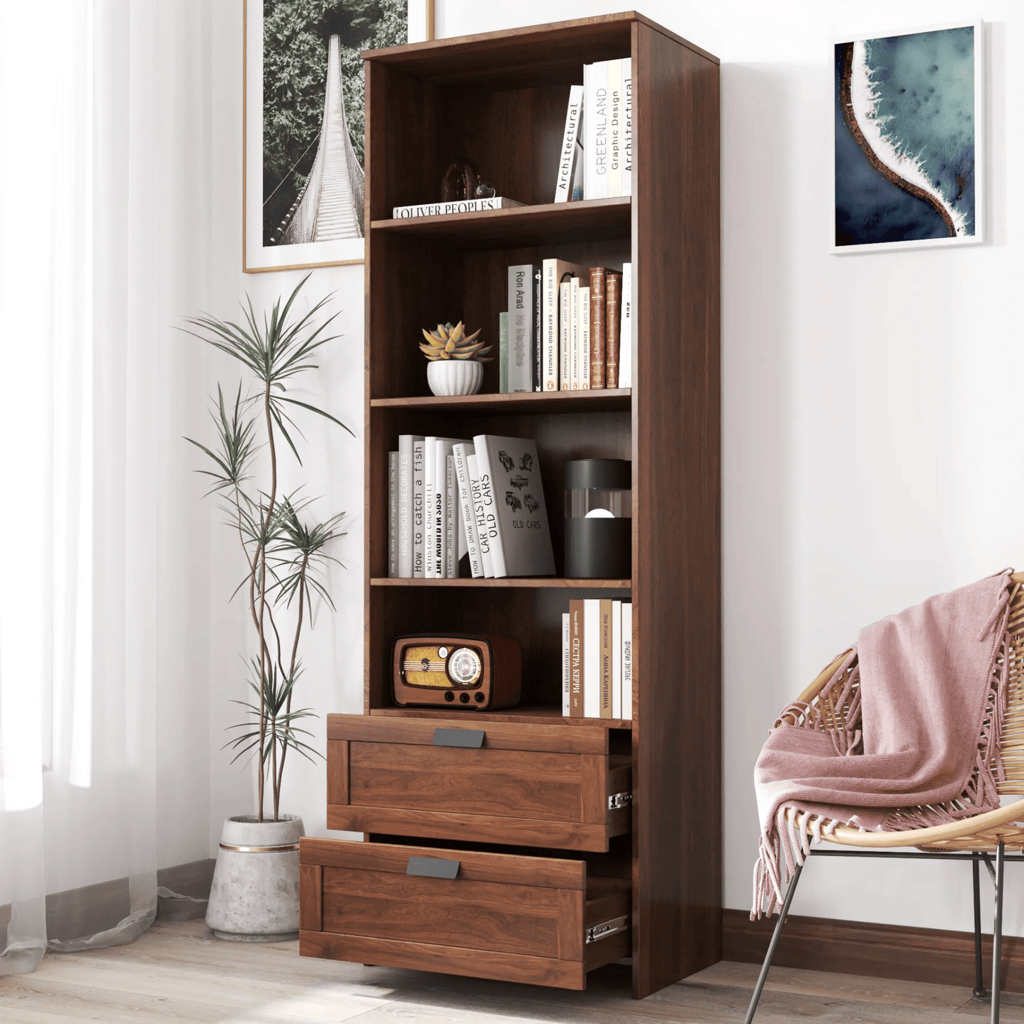Tall Bookshelf with Drawers – Modern Wood Bookcase, 4-Shelf Storage Cabinet for Home Office, Living Room, or Study