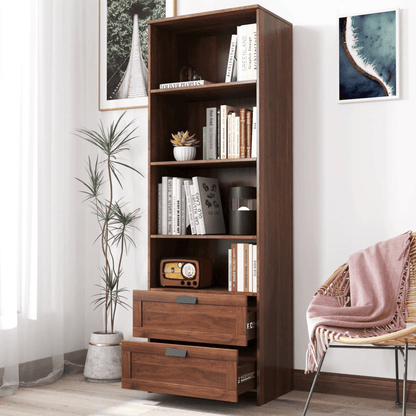 Tall Bookshelf with Drawers – Modern Wood Bookcase, 4-Shelf Storage Cabinet for Home Office, Living Room, or Study