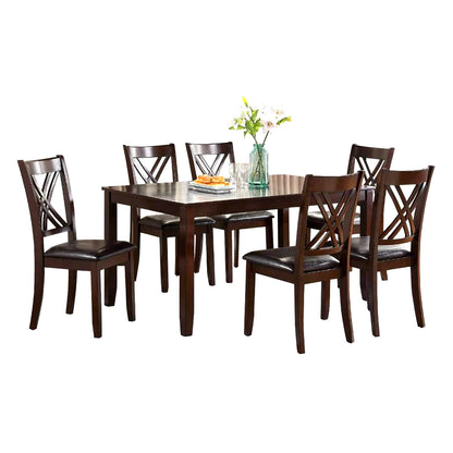 7-Piece Dining Set – Espresso Rectangular Table with 6 X-Back Cushioned Chairs – Solid Rubberwood Dining Room Furniture with Faux Leather Upholstery
