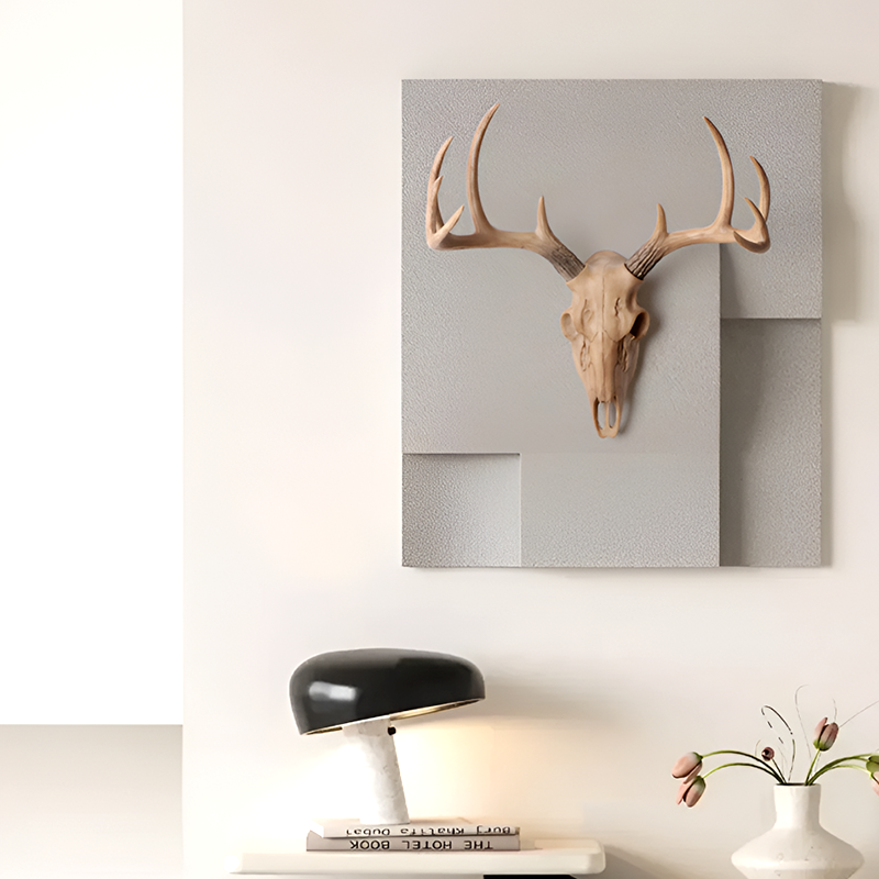 Antique-Style Buck Horn Skull Wall Decor - Rustic Resin Hunting Ornament