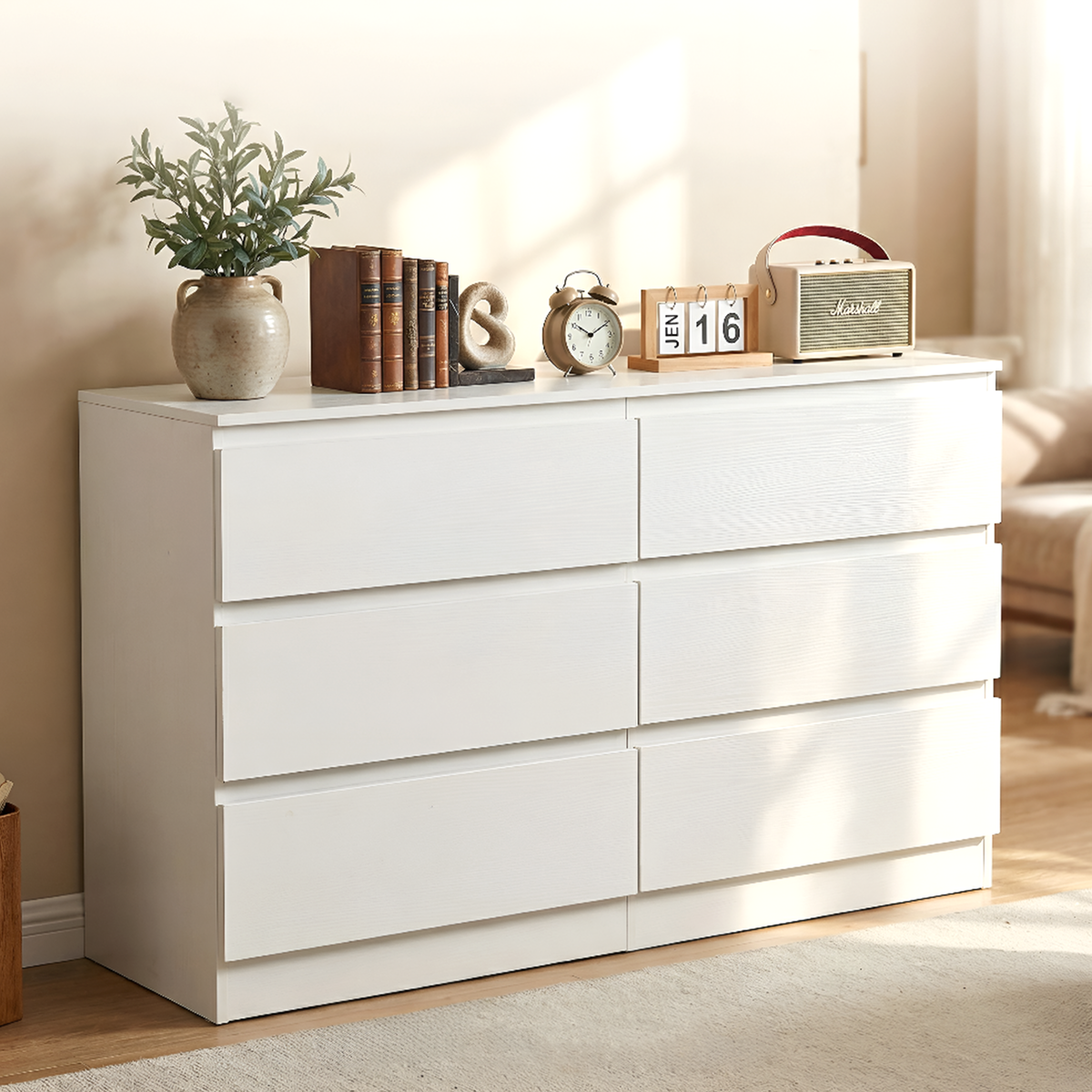 Modern 6-Drawer Dresser Cabinet – Minimalist Storage Solution in Olive Green or Grey