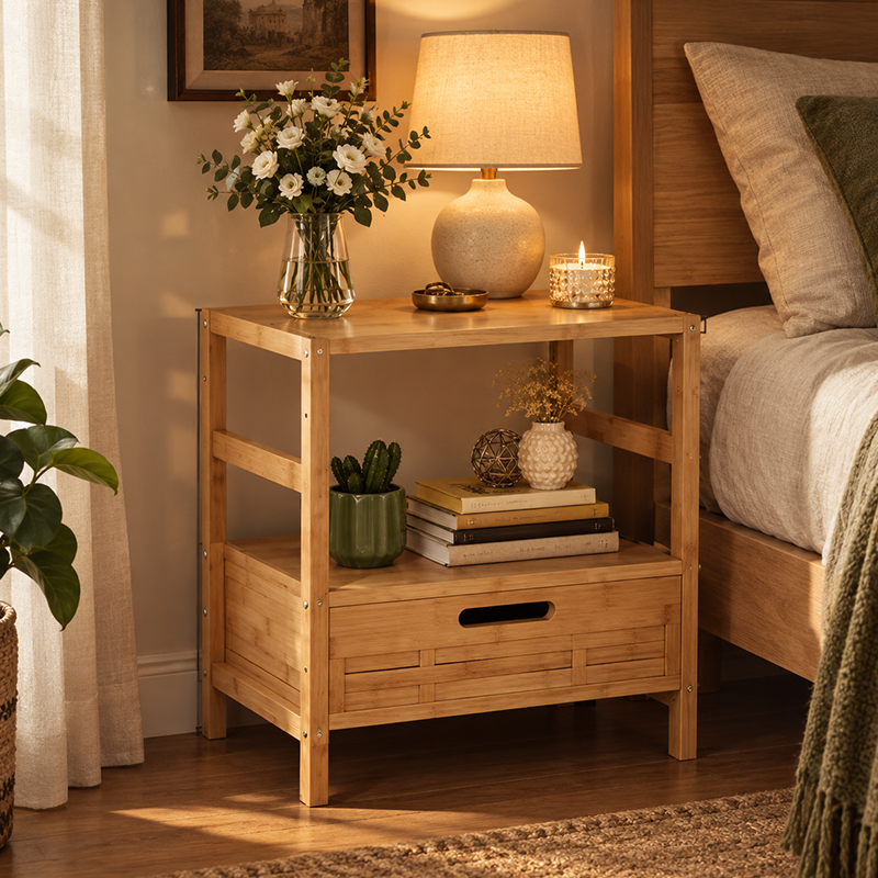Solid Bamboo Wood Bedside Table with Drawer, Modern Nightstand