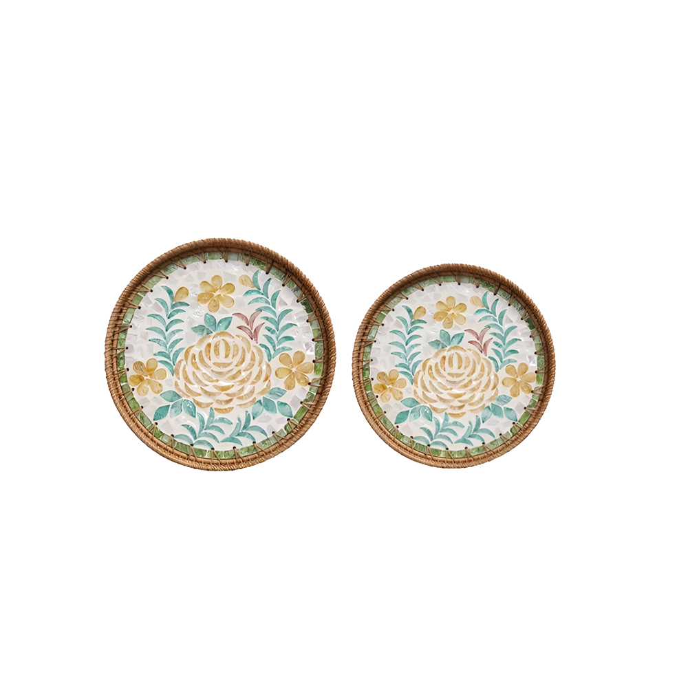 Handmade Rattan and Shell Mosaic Trays – Set of 2 - Coastal Boho Decorative Serving Trays