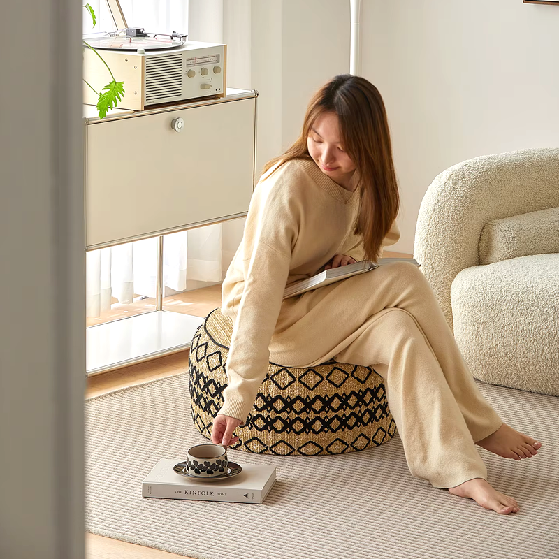 Embroidered Moroccan Pouf Ottoman – Geometric Boho Floor Stool