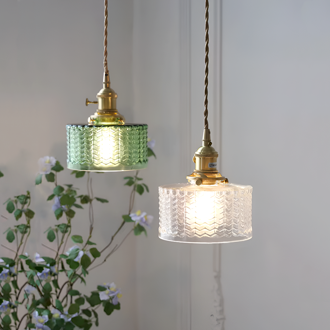 Vintage Brass Herringbone Glass Pendant Light – Retro Japanese Style Hanging Lamp
