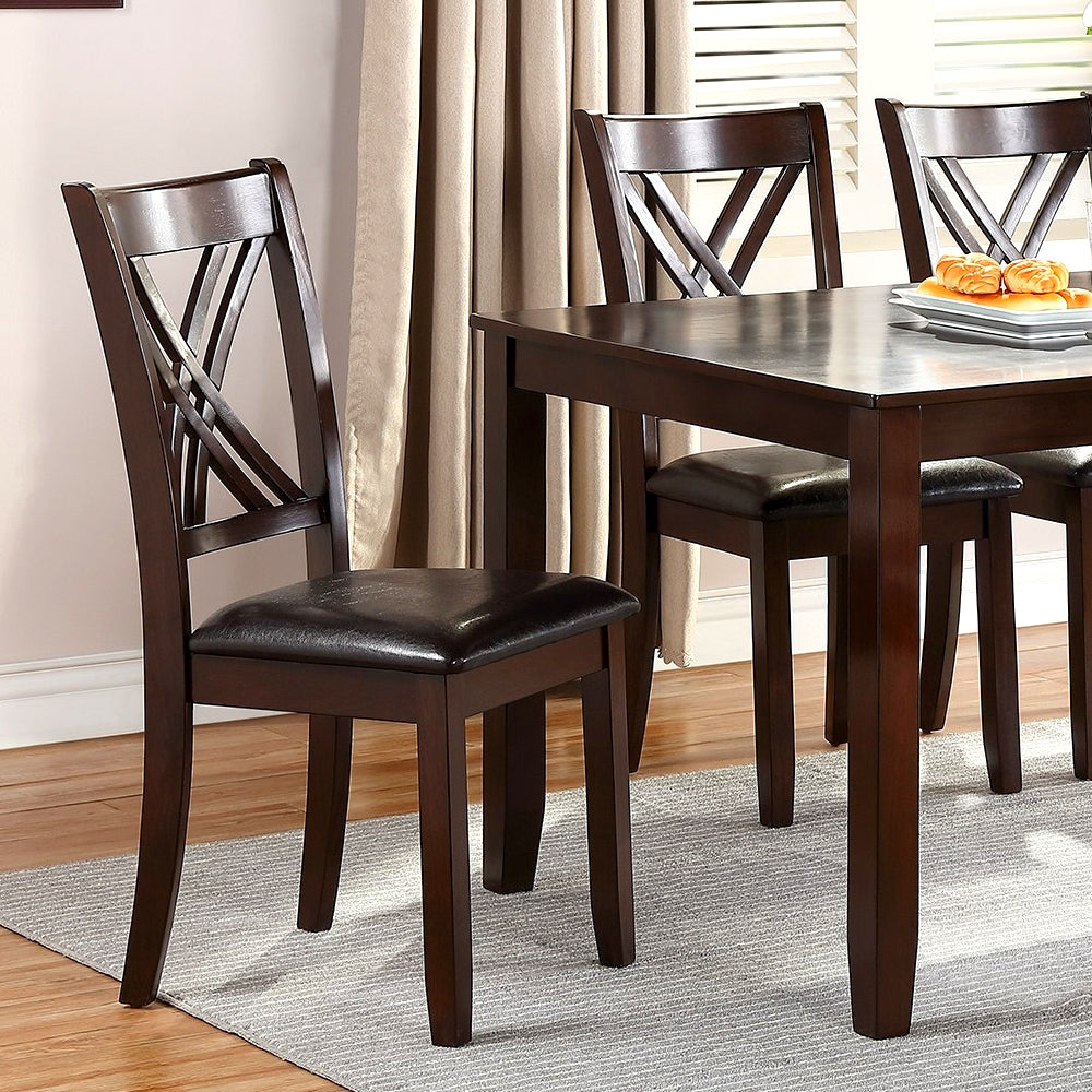 7-Piece Dining Set – Espresso Rectangular Table with 6 X-Back Cushioned Chairs – Solid Rubberwood Dining Room Furniture with Faux Leather Upholstery